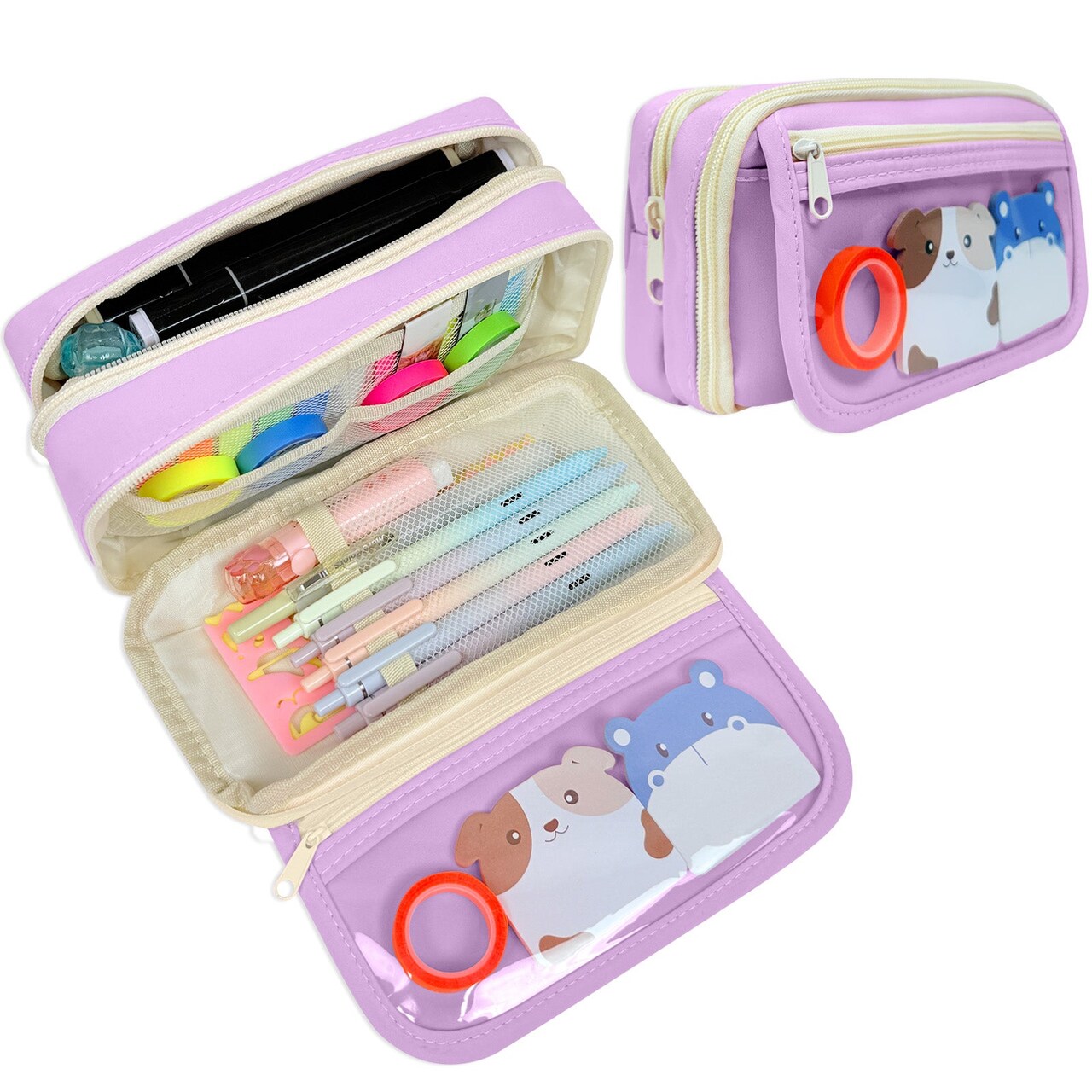 Wrapables 9-Layer Large Capacity Pencil Case with Transparent Compartment, Organizer Pouch for Stationery Tools, Makeup, and Travel, Lavender